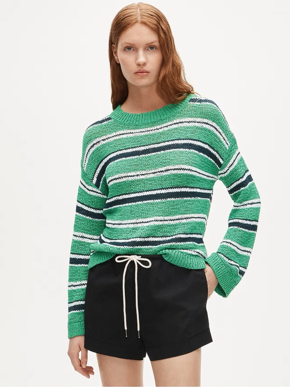 J. Crew Green Striped Crewneck Sweater with Navy and White